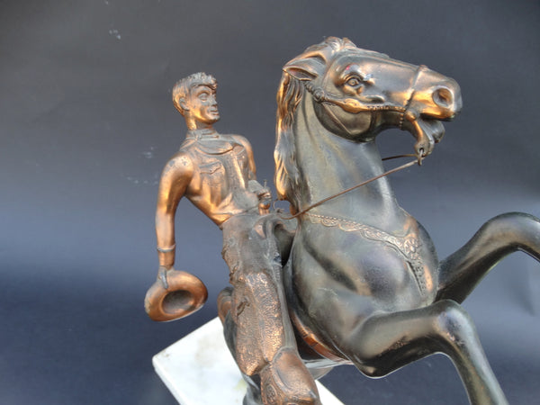 Copper-Finish Figure of Horse and Rider, Horse Rearing c 1933