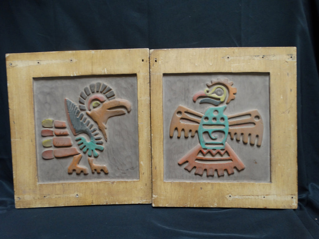 Thunderbird & Roadrunner: Pair of Hand Carved and Painted Wooden Plaques