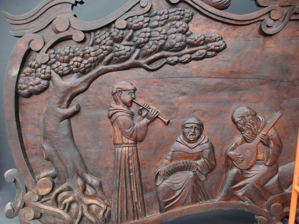 Massive Spanish Colonial Style Carved Redwood Figural Plaque of a Mission Scene