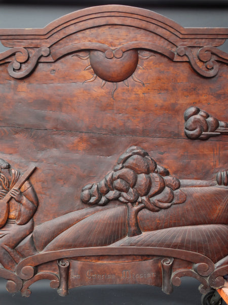 Massive Spanish Colonial Style Carved Redwood Figural Plaque of a Mission Scene