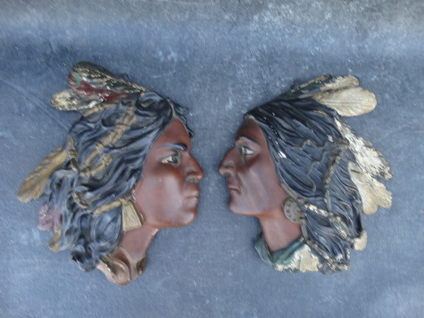 Pair of Plaster Wall Plaque Heads of an Indian Chief and his Princess