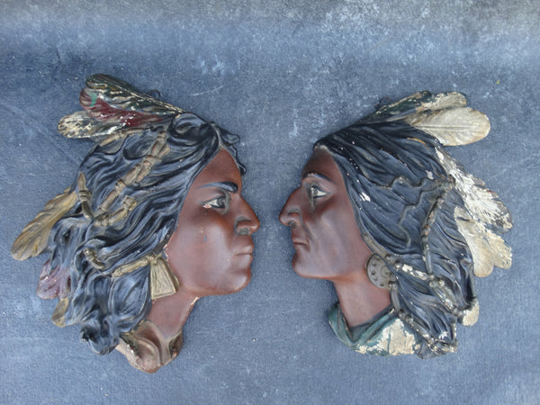Pair of Plaster Wall Plaque Heads of an Indian Chief and his Princess