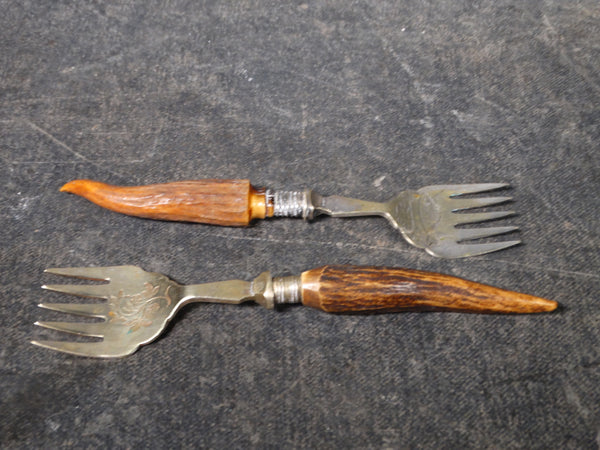 Pair of Elk Horn Handled Silver Shanked Sardine Forks A2530