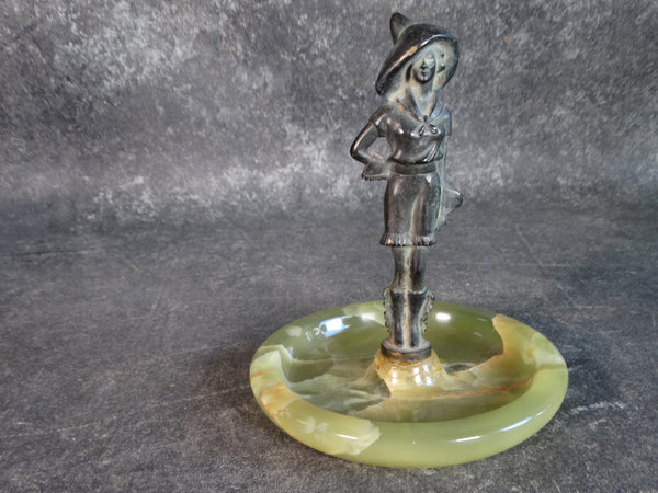 Bronze Cowgirl Onyx Ashtray or Trinket Tray  c 1930s A2564