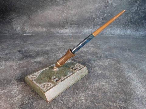 Heintz Art Metal/Silvercraft Bronze & Silver Fountain Pen Stand and Pen Set c 1910 A2636