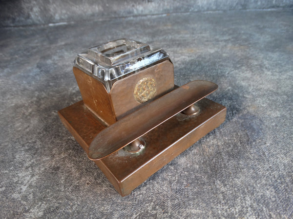 Benedict Handicraft Copper Ink Stand with Original Crystal Inkwell c 1910 A2637