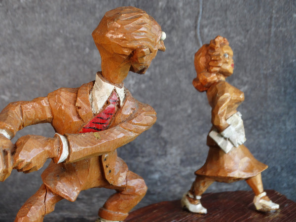 American Folk Art Wooden Carved Figures: A Wolf Walking His Dog circa 1940s A2716