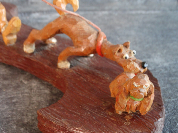 American Folk Art Wooden Carved Figures: A Wolf Walking His Dog circa 1940s A2716