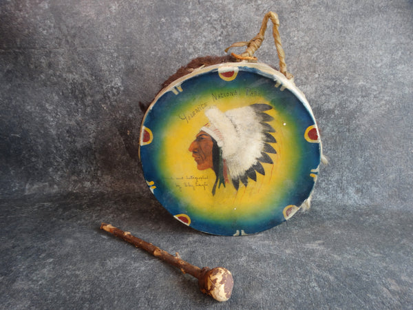 Hand-painted Souvenir American Indian Chief Drum with Stick signed by Sky Eagle A2737