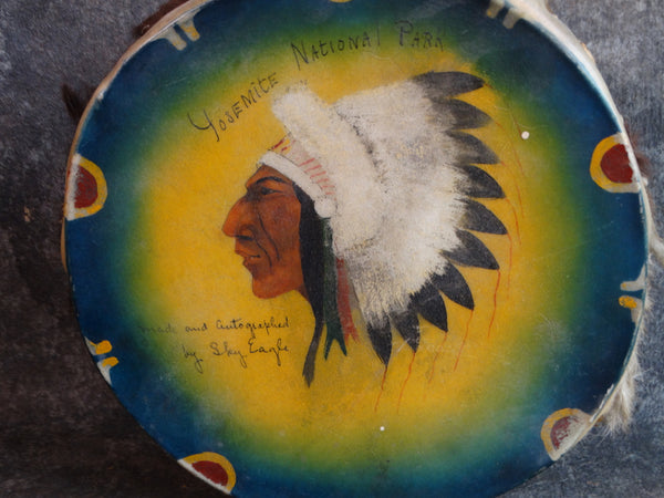 Hand-painted Souvenir American Indian Chief Drum with Stick signed by Sky Eagle A2737