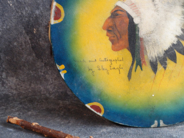 Hand-painted Souvenir American Indian Chief Drum with Stick signed by Sky Eagle A2737