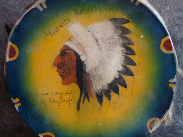 Hand-painted Souvenir American Indian Chief Drum with Stick signed by Sky Eagle A2737