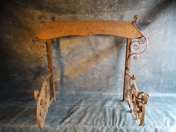 Spanish Revival Wrought Iron Fireplace Hood with Decorative Swinging Fender Gates c 1920s A2924