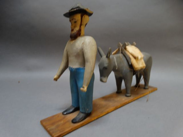 Carved Wooden Prospector and Pack Mule 1940s Folk Art Sculpture
