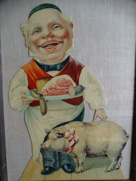 Pork Butcher Stone Litho Store Display Cut-out Figure c 1900