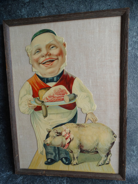 Pork Butcher Stone Litho Store Display Cut-out Figure c 1900