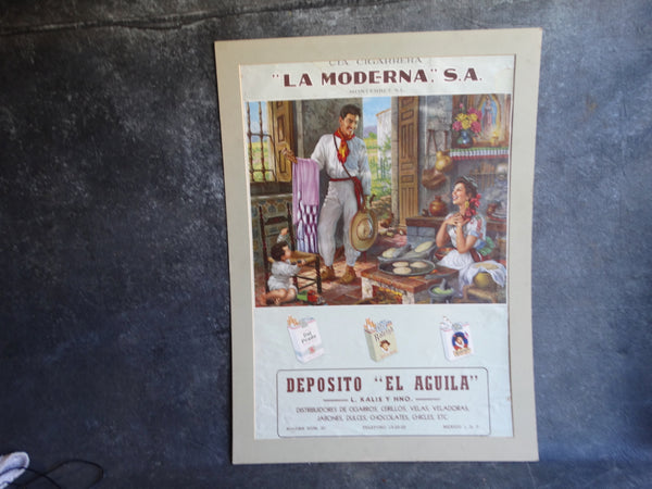 Mexican Calendar Advertising Art - Raleigh Cigarettes - Happy Family at Home - c 1940AP1248