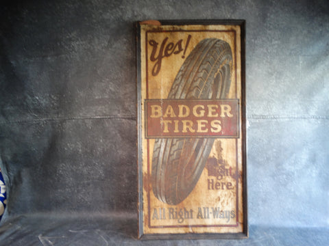 Badger Tires Tin Litho Sign in Original Frame circa 1930s AP1307