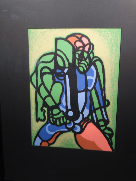 Jorgen Hansen Block Print Abstract Figure in Green Blue and Pink c 1952 AP1331