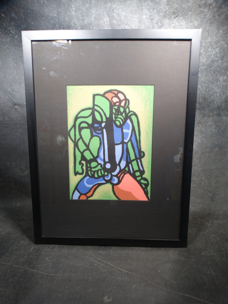 Jorgen Hansen Block Print Abstract Figure in Green Blue and Pink c 1952 AP1331