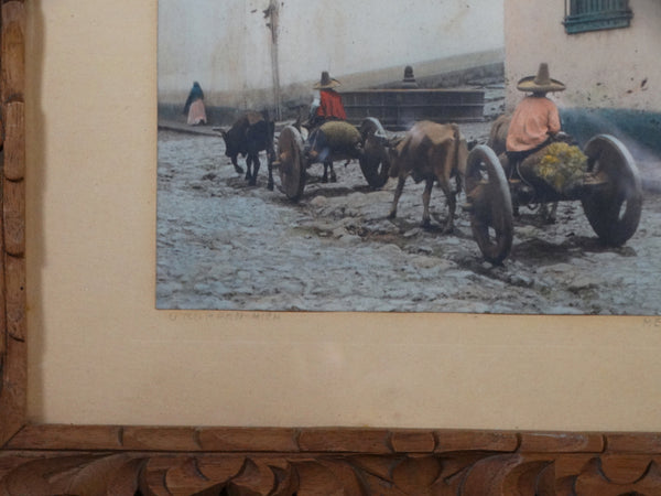 Hand-tinted Photograph of Two Mexican Farmers Driving Their Ox Carts AP1359