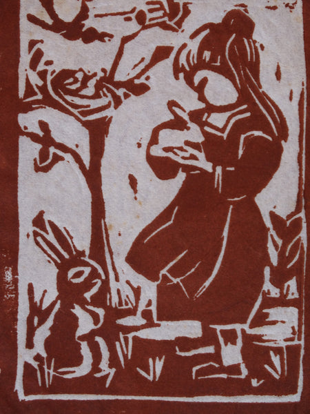 Marie Cofalka - A Little Girl with Bunnies and Birds - Lino-cut  c 1970 AP1411