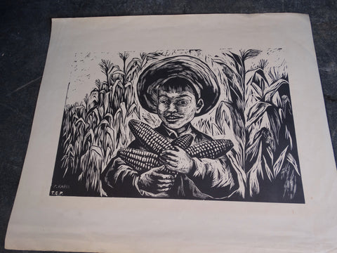 Fanny Rabel: Peasant Boy Holding Ears of Corn Corn - Linocut Photo Engraving AP1458
