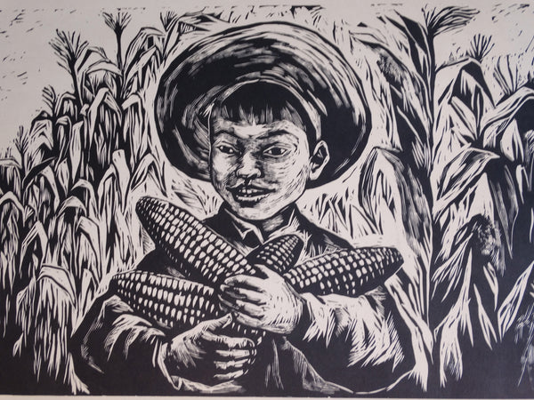 Fanny Rabel: Peasant Boy Holding Ears of Corn Corn - Linocut Photo Engraving AP1458