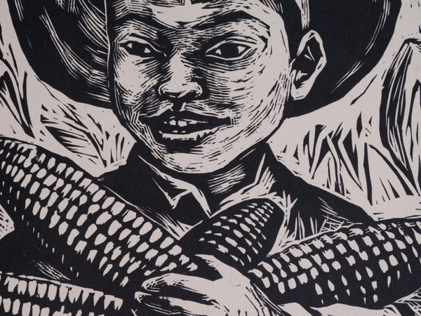 Fanny Rabel: Peasant Boy Holding Ears of Corn Corn - Linocut Photo Engraving AP1458