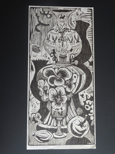 Byron Randall (1918-1999) - Woodcut - Lamp & Pansies AP1557