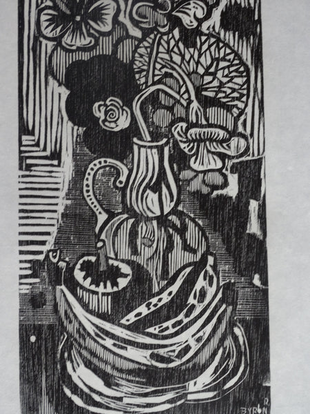 Byron Randall (1918-1999) - Woodcut -  Cruet & Nasturtiums AP1560