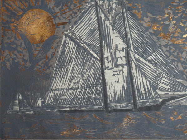 Byron Randall (1918-1999) - Woodcut - Schooner & Doryman  AP1563