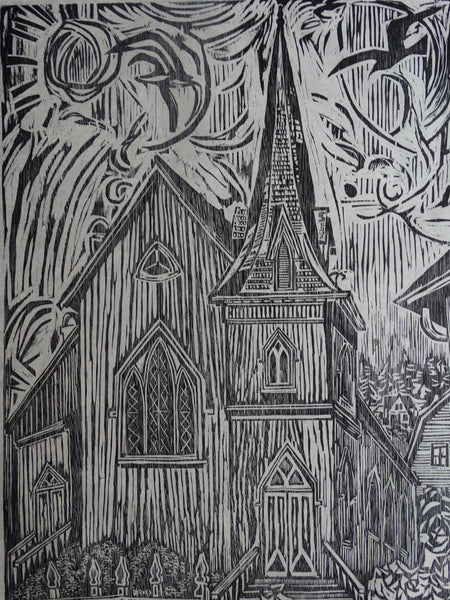 Byron Randall (1918-1999) - Woodcut - Mendocino Church 1962 AP1572