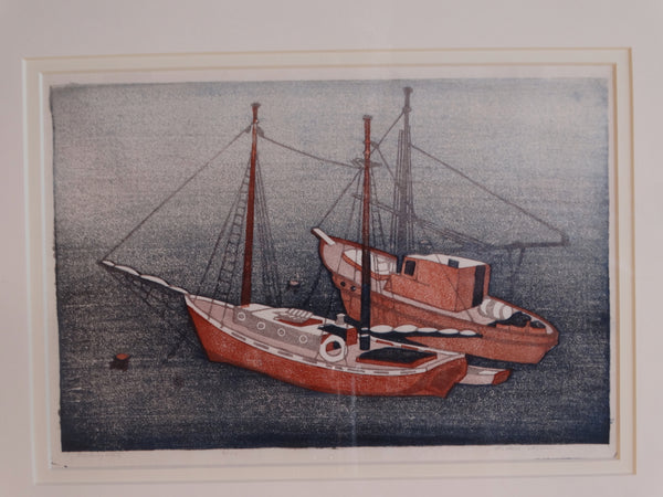 Anders Aldrin (1889- 1970) Block Print - Fishing Boats (Blue, Red & White) 1931 AP1581