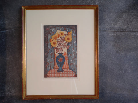 Anders Aldrin (1889- 1970) Block Print - The Bouquet 1934 - Blue Vase, Yellow Flowers AP1583