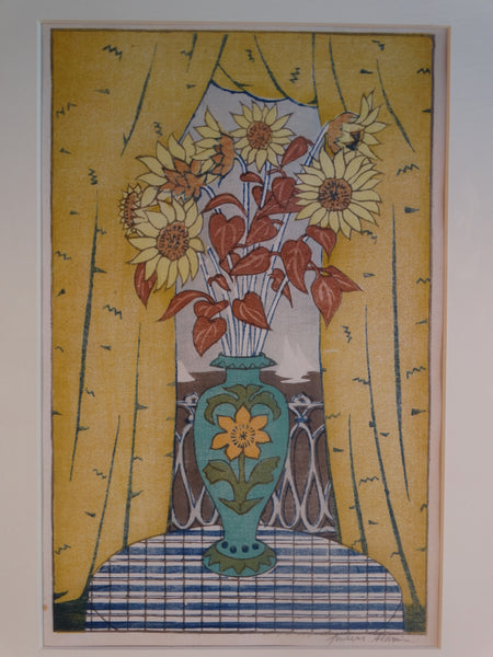 Anders Aldrin (1889- 1970) Block Print - The Bouquet - Green Vase, Yellow Curtains AP1584