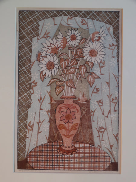 Anders Aldrin (1889- 1970) Block Print - The Bouquet - Pink Vase, Grey Curtains AP1585