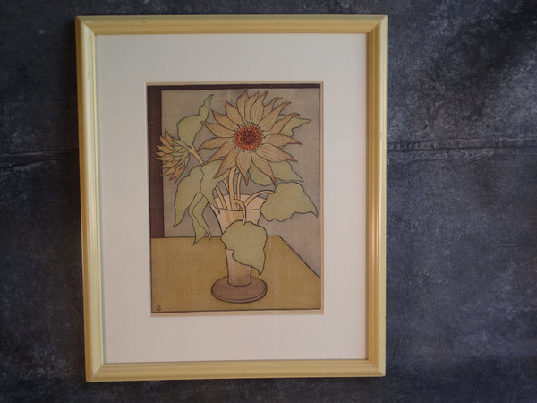 Anders Aldrin (1889- 1970) Block Print -  Sunflowers - Green Leaves Brown Vase AP1590