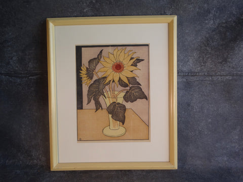 Anders Aldrin (1889- 1970) Block Print -  Sunflowers - Black leaves Yellow Vase AP1591