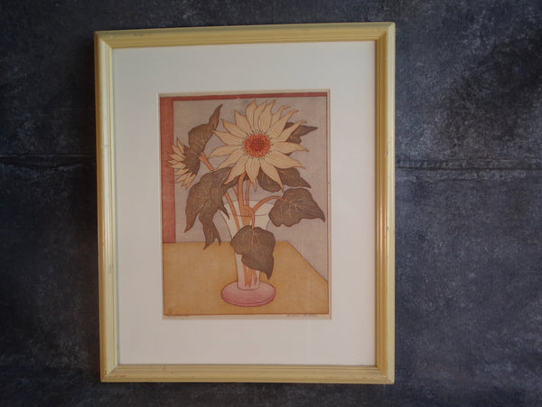 Anders Aldrin (1889- 1970) Block Print -  Sunflowers - Olive Leaves Pink Vase AP1592