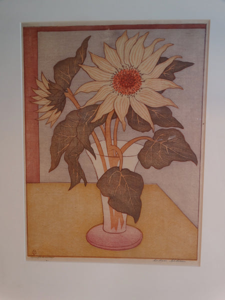 Anders Aldrin (1889- 1970) Block Print -  Sunflowers - Olive Leaves Pink Vase AP1592