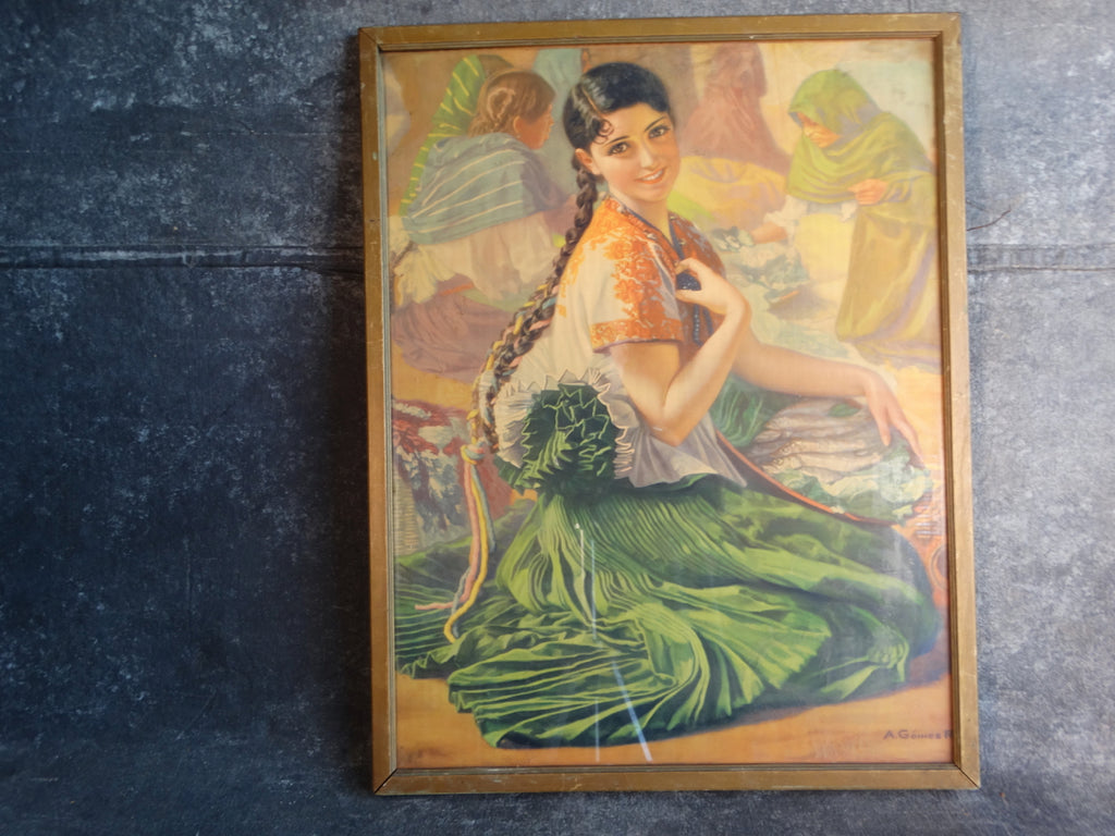 A. Gomez R - Mexican Calendar Art Poster - Girl in a Green Dress 1930s Early California Antiques Shop A. Gomez R - Mexican Calendar Art Poster - Girl in a Green Dress 1930s Early California Antiques Shop