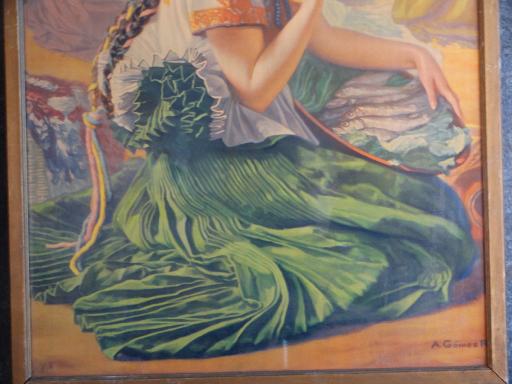 A. Gomez R - Mexican Calendar Art Poster - Girl in a Green Dress 1930s Early California Antiques Shop A. Gomez R - Mexican Calendar Art Poster - Girl in a Green Dress 1930s Early California Antiques Shop