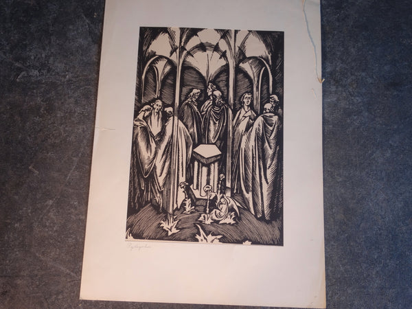 Nine Robed Men in a Gothic Chancel - Block Print AP1617