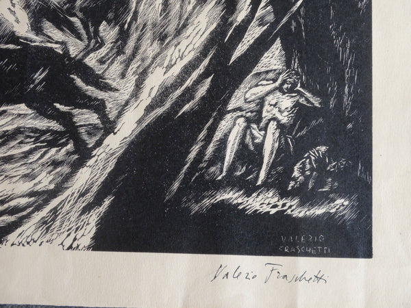 Valerio Fraschetti (1910-1977)  - Horses Bolting in the Woods - Scene from Orlando Furioso Woodcut circa 1930-50s AP1631