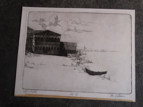 M Caldero(n)? - Untitled Etching - Rowboat and Palazzo c1960 AP1639