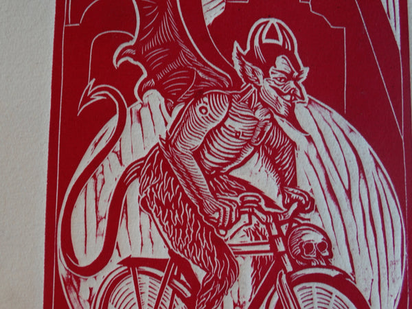 The Devil on a Bike - Woodblock circa 1990 -  AP1732