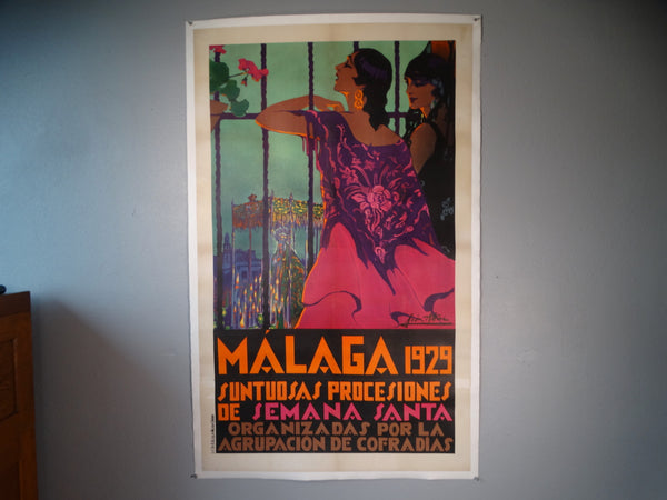 Manuel León Astruc (1889-1965) MALAGA 1929 SUNTUOSAS PROCESIONES DE SEMANA SANTA Travel Poster AP1761