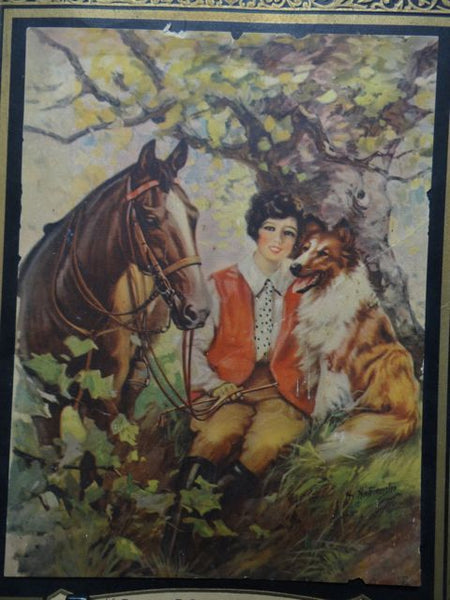 Mexican Calendar Chromo: Girl with her Horse and her Collie