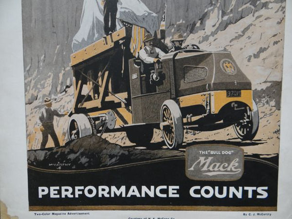Two-color magazine advertisement for The “Bull Dog” Mack Truck Company 1920s
